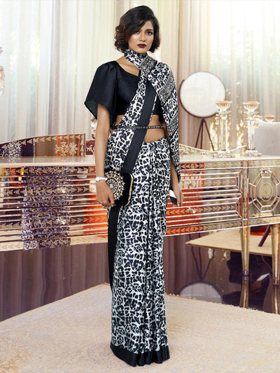 Black Festive Crepe Printed Saree With Unstitched Blouse - Odette