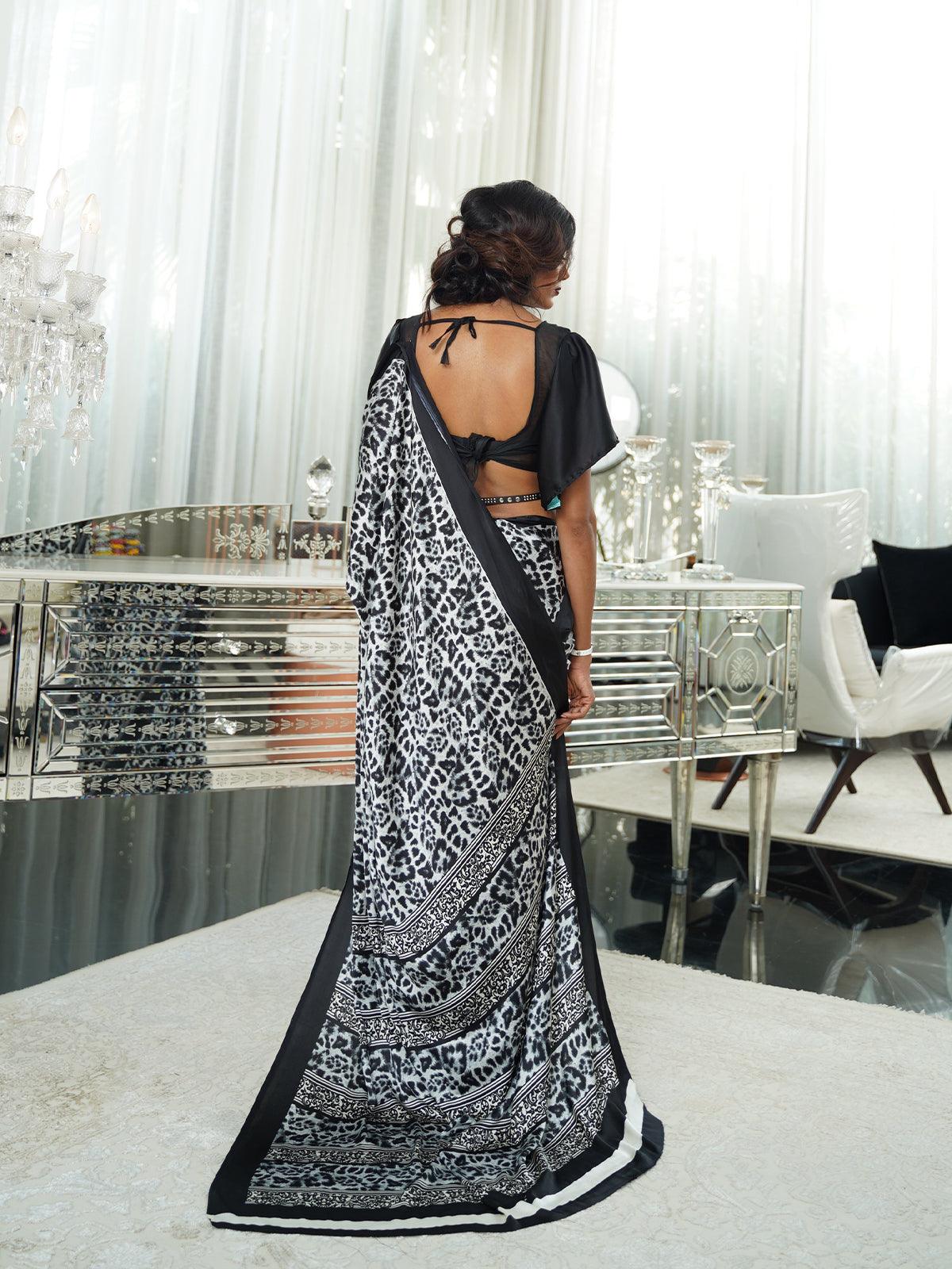 Black Festive Crepe Printed Saree With Unstitched Blouse - Odette