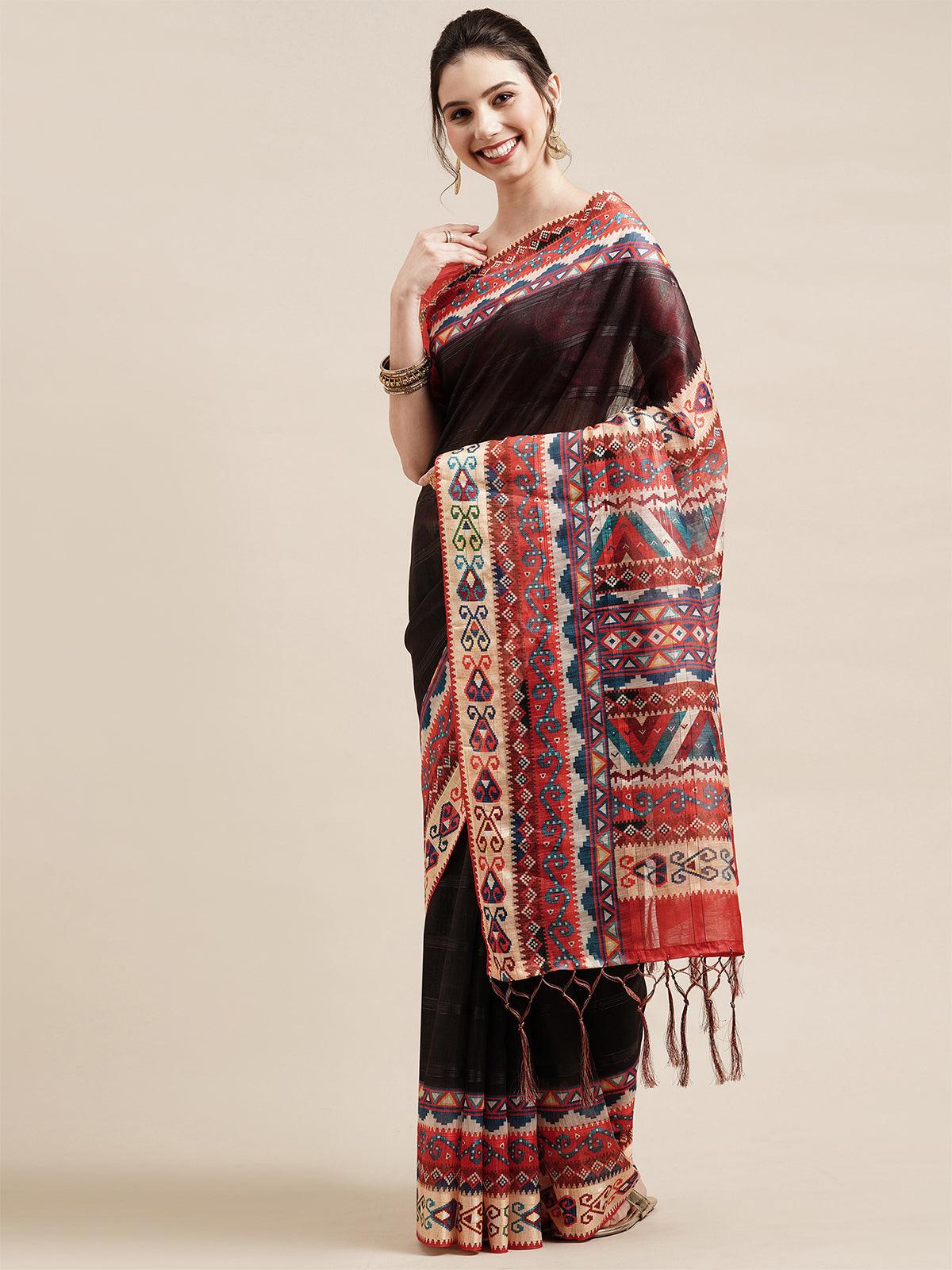 Black Festive Linen Blend Printed Saree With Unstitched Blouse - Odette