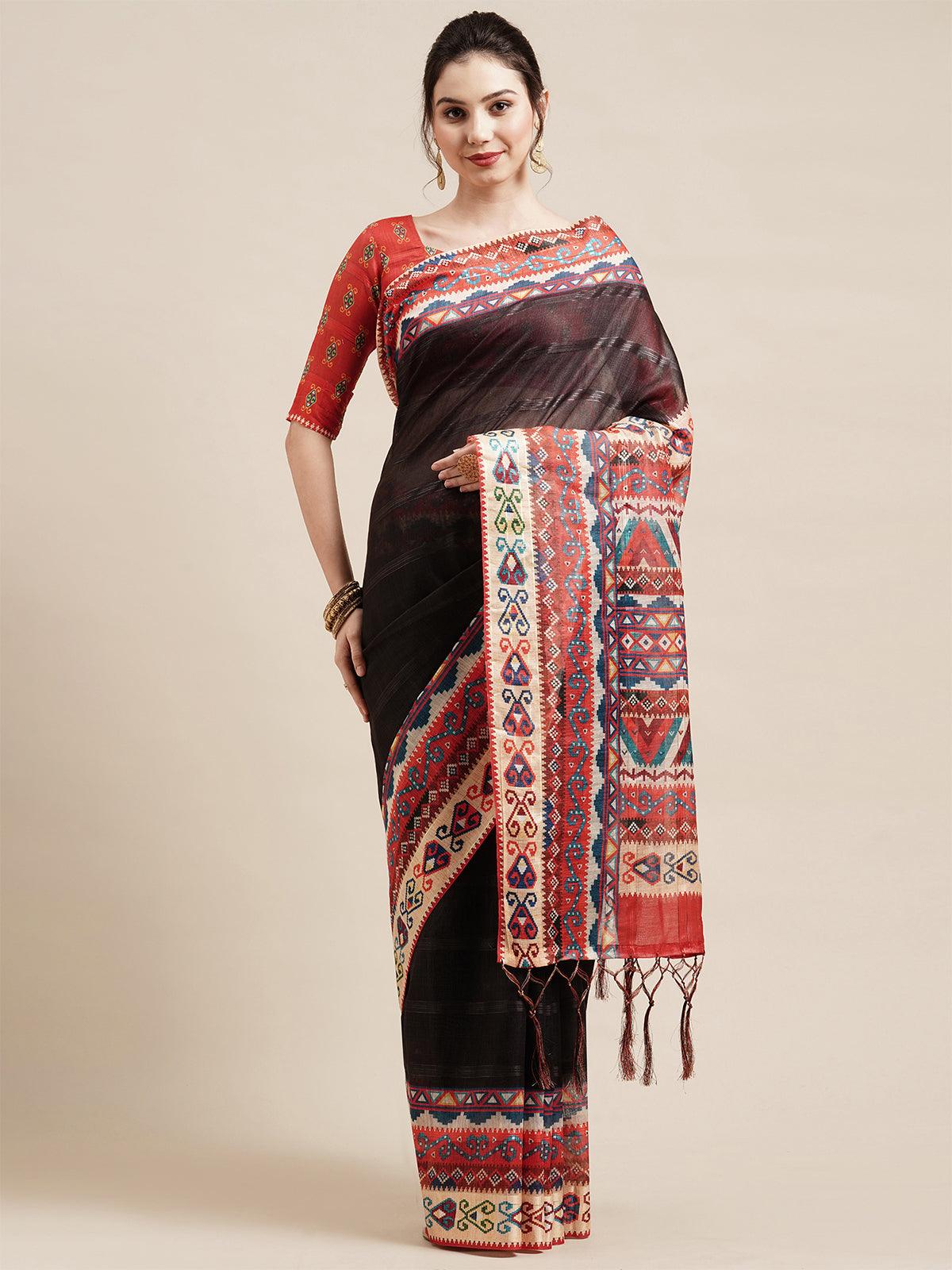 Black Festive Linen Blend Printed Saree With Unstitched Blouse - Odette