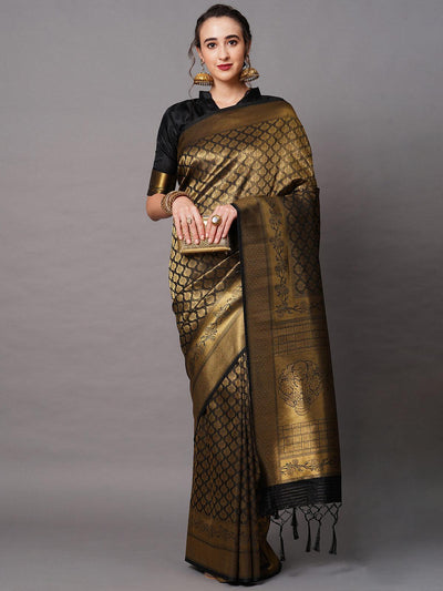 Black Festive Silk Blend Woven Design Saree With Unstitched Blouse - Odette