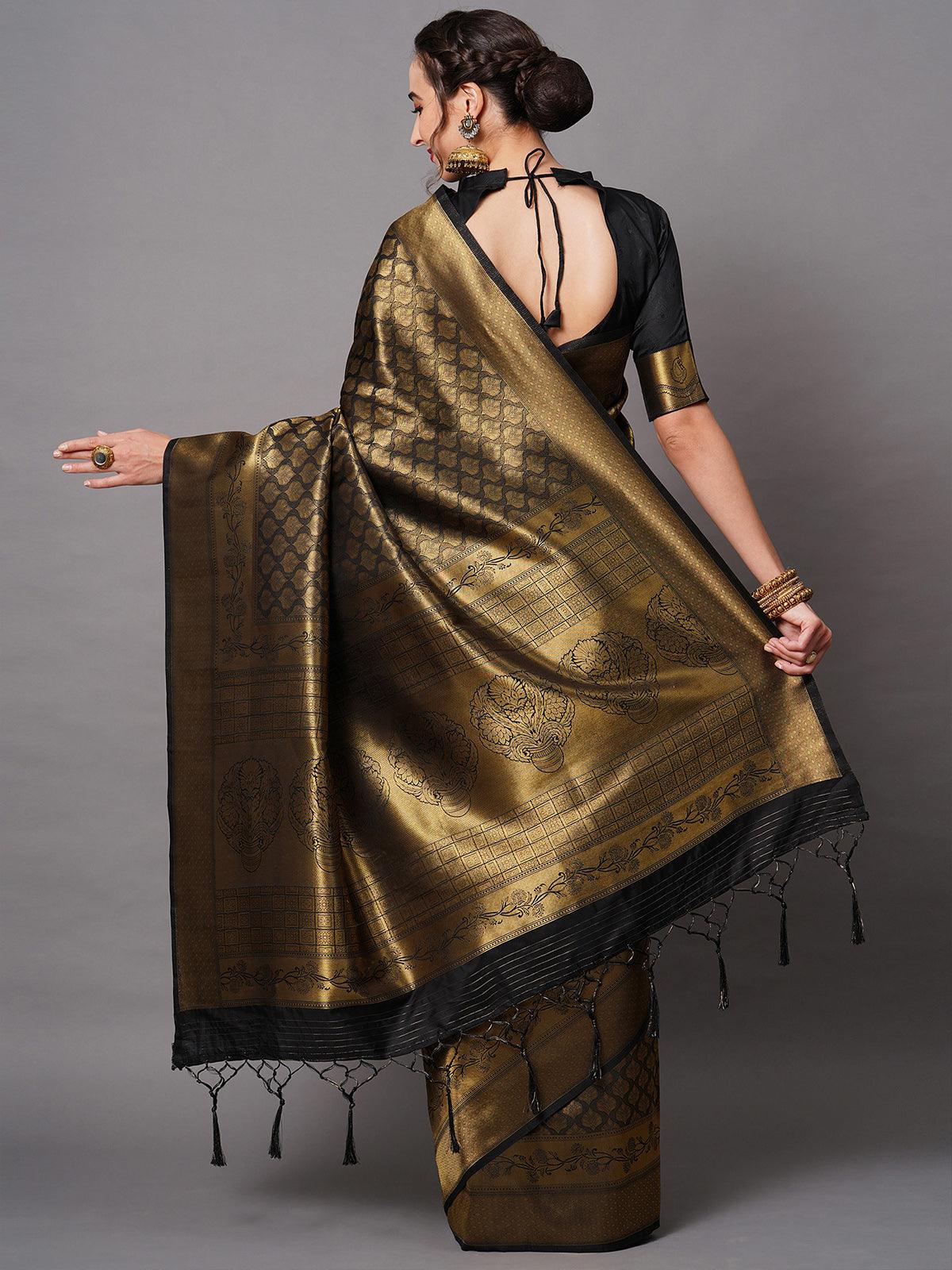 Black Festive Silk Blend Woven Design Saree With Unstitched Blouse - Odette