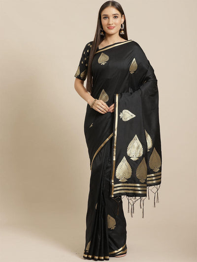 Black Festive Silk Blend Woven Saree With Unstitched Blouse - Odette