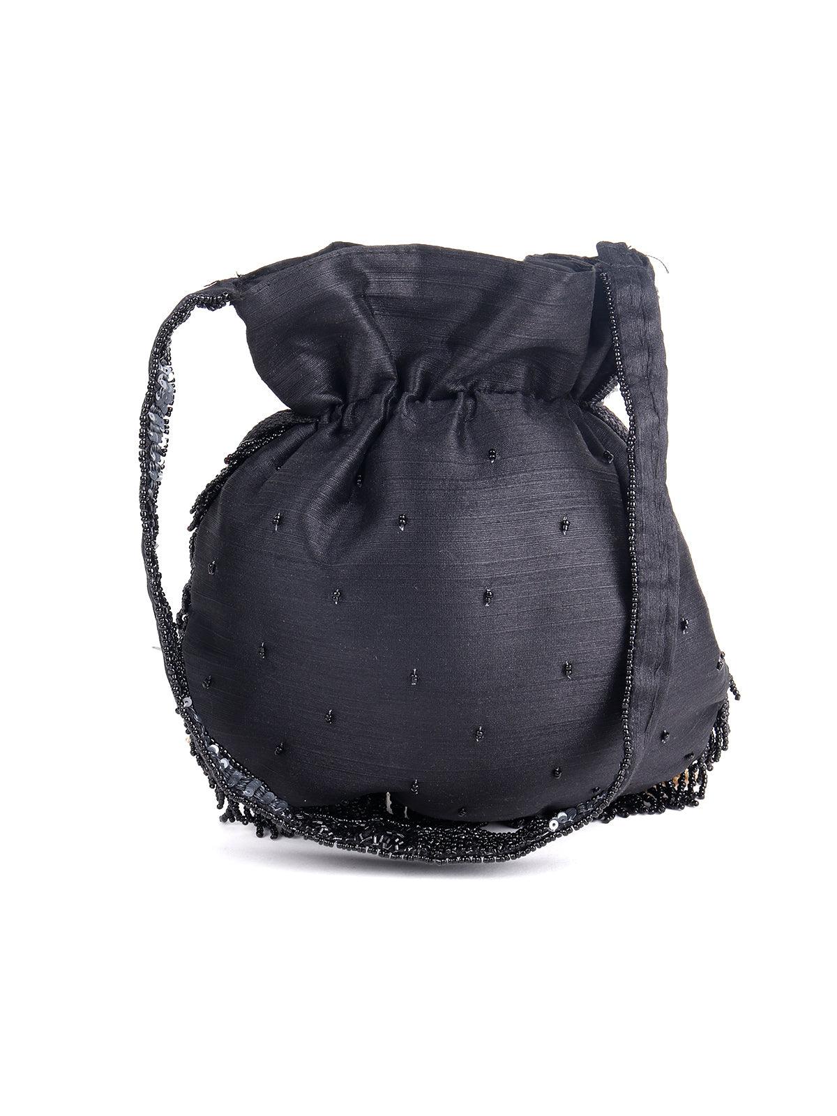 Black Fringe Tasseled Potli - Odette