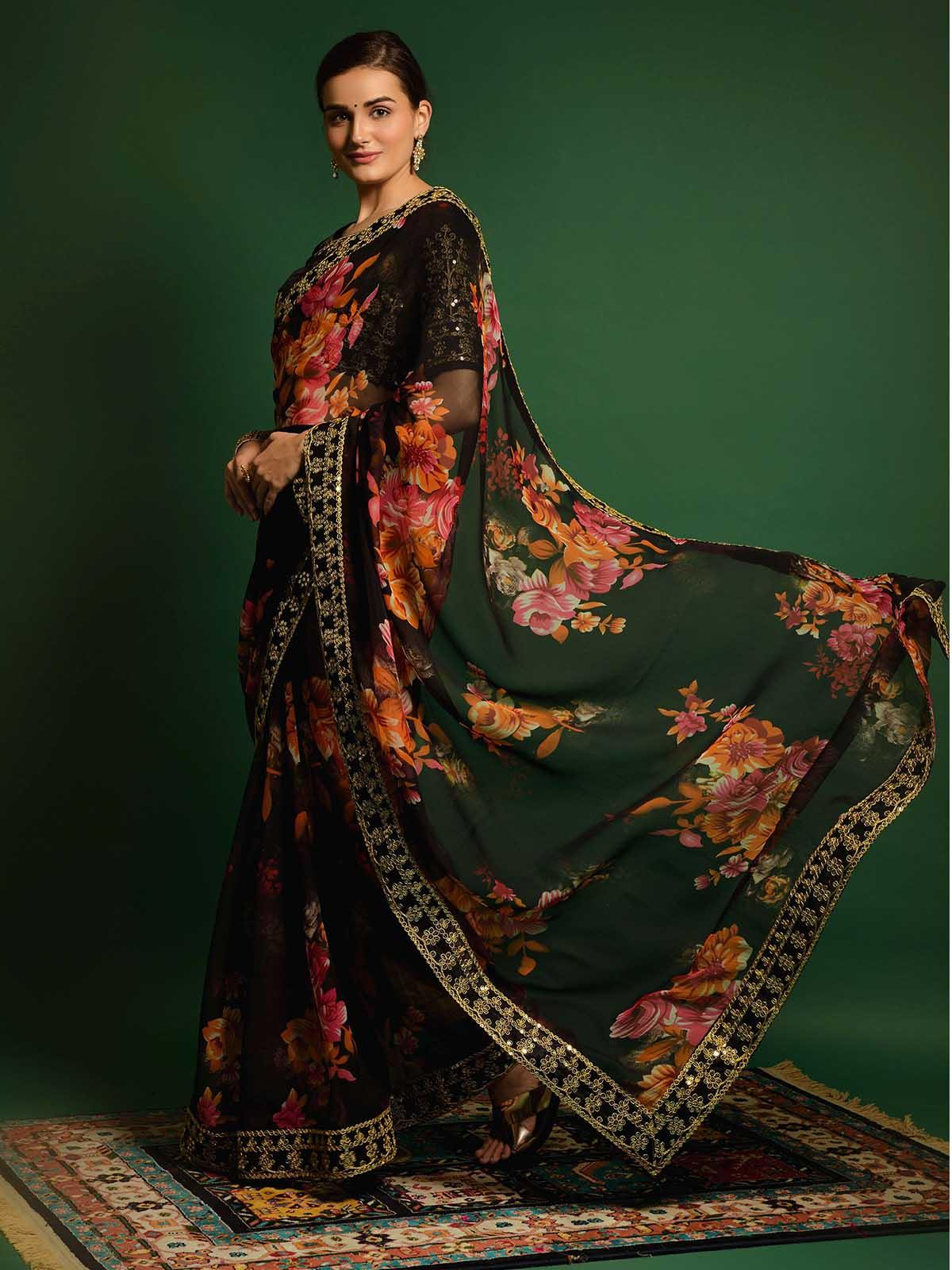 Black Georgette Embroidery Saree With Blouse - Odette