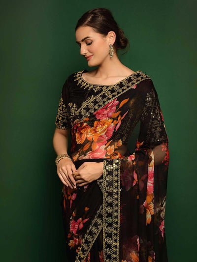 Black Georgette Embroidery Saree With Blouse - Odette