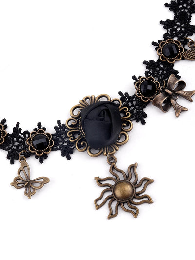 Black lace statement necklace embellished with charms - Odette