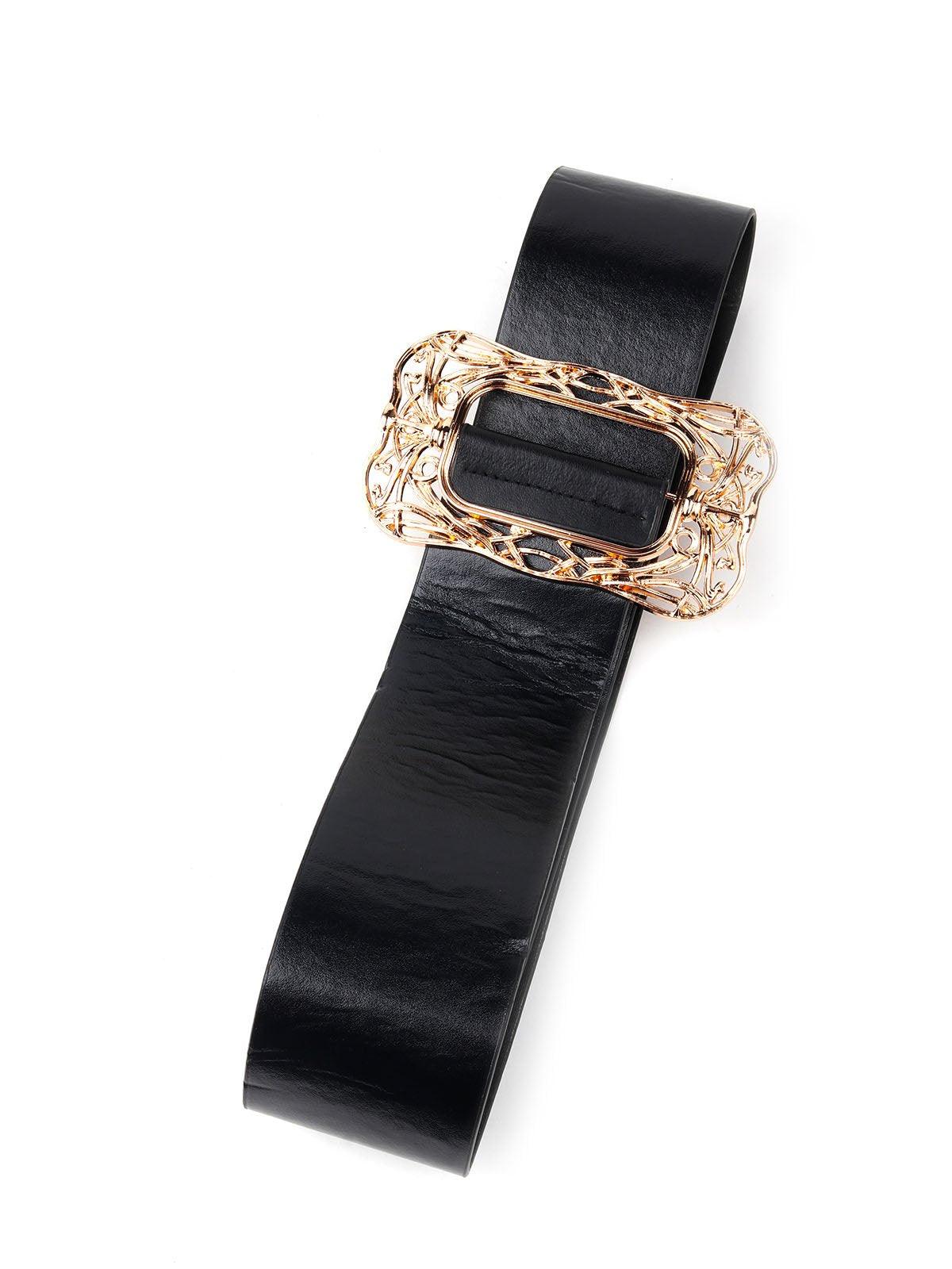 Black Leather Belt With Golden Metal Buckle - Odette