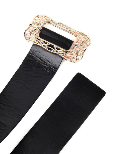Black Leather Belt With Golden Metal Buckle - Odette