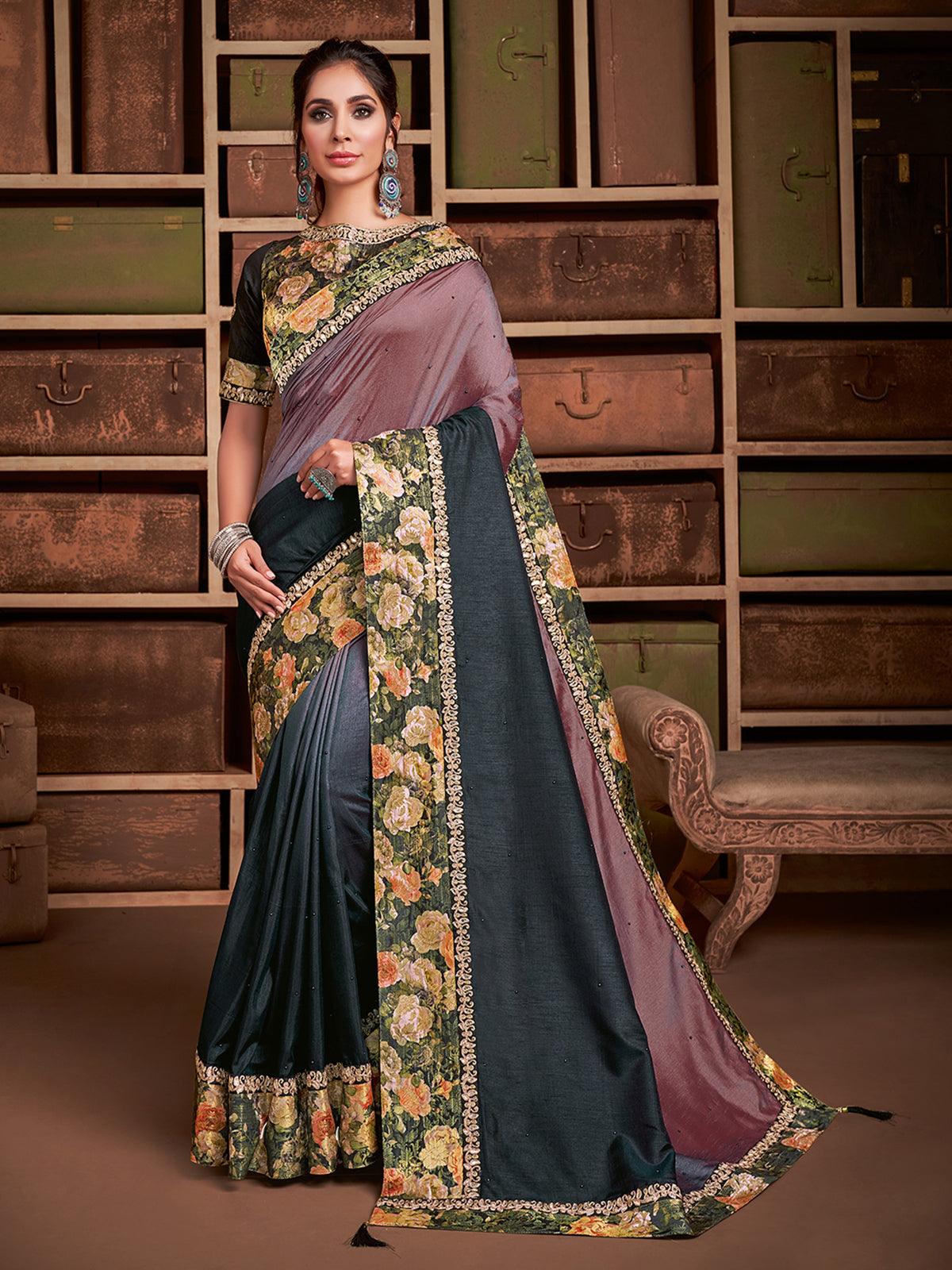 Black-Mauve Shaded Silk Designer Saree With Blouse. - Odette