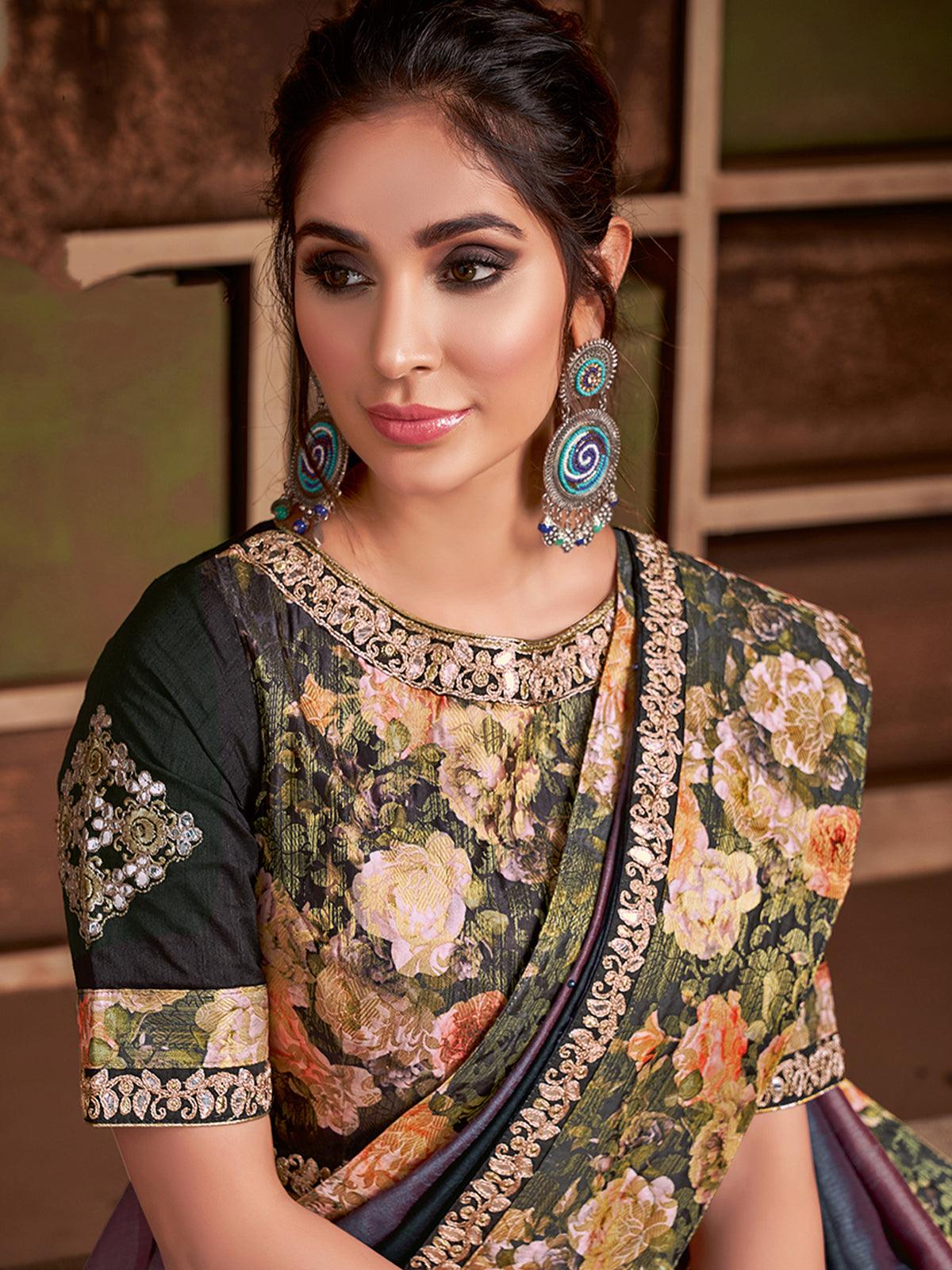 Black-Mauve Shaded Silk Designer Saree With Blouse. - Odette