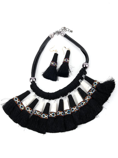 Black Tale Tassels Necklace Set - Odette
