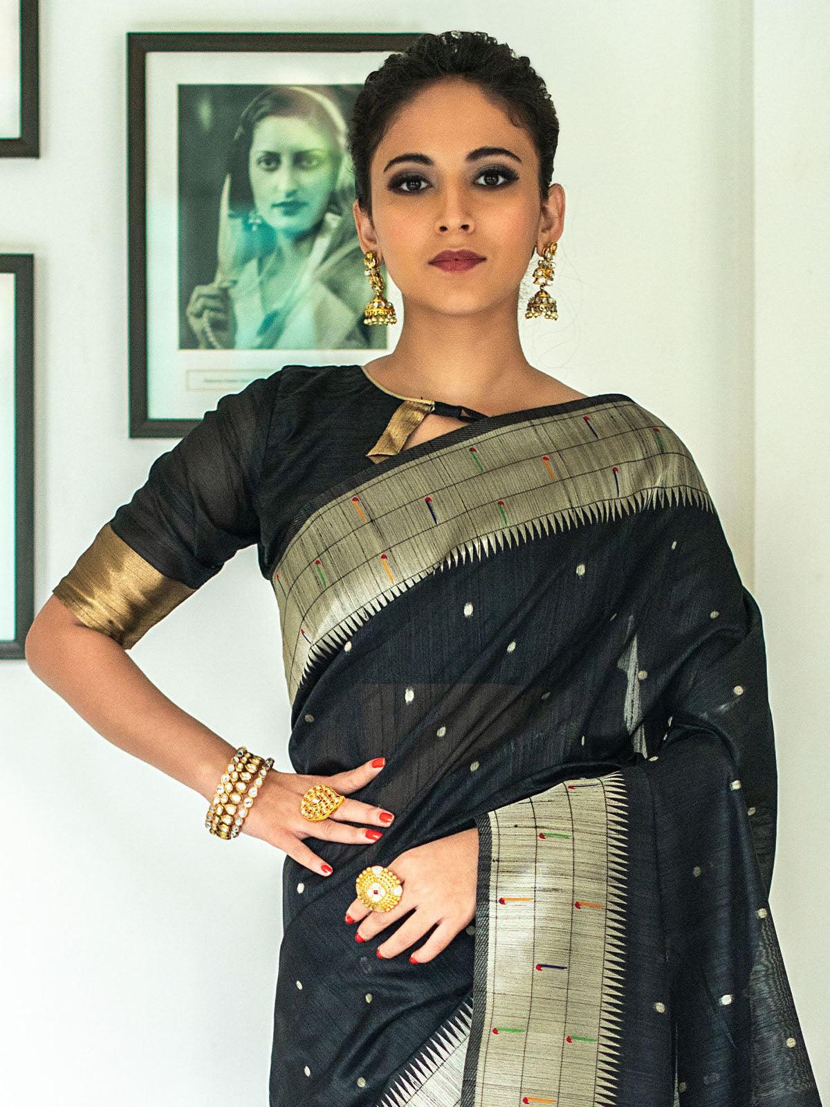 Black Tussar Silk Paithani Saree - Odette