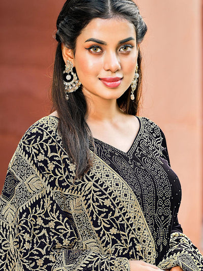 Black Unstitched Embroidered Dress Material With Dupatta - Odette
