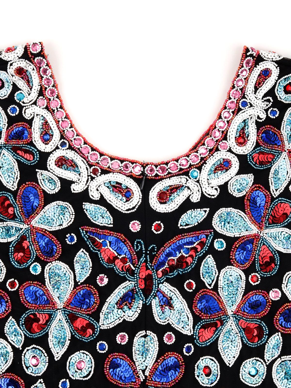 Black V-neck Sequin Embroidered Midi Dress - Odette