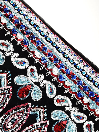 Black V-neck Sequin Embroidered Midi Dress - Odette