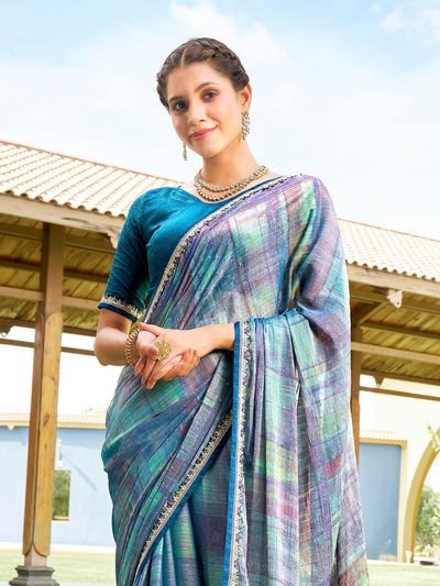 Blue Abstract Printed Chiffon Saree - Odette