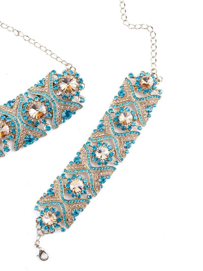 Blue And Beige Embellished Choker Necklace Set - Odette