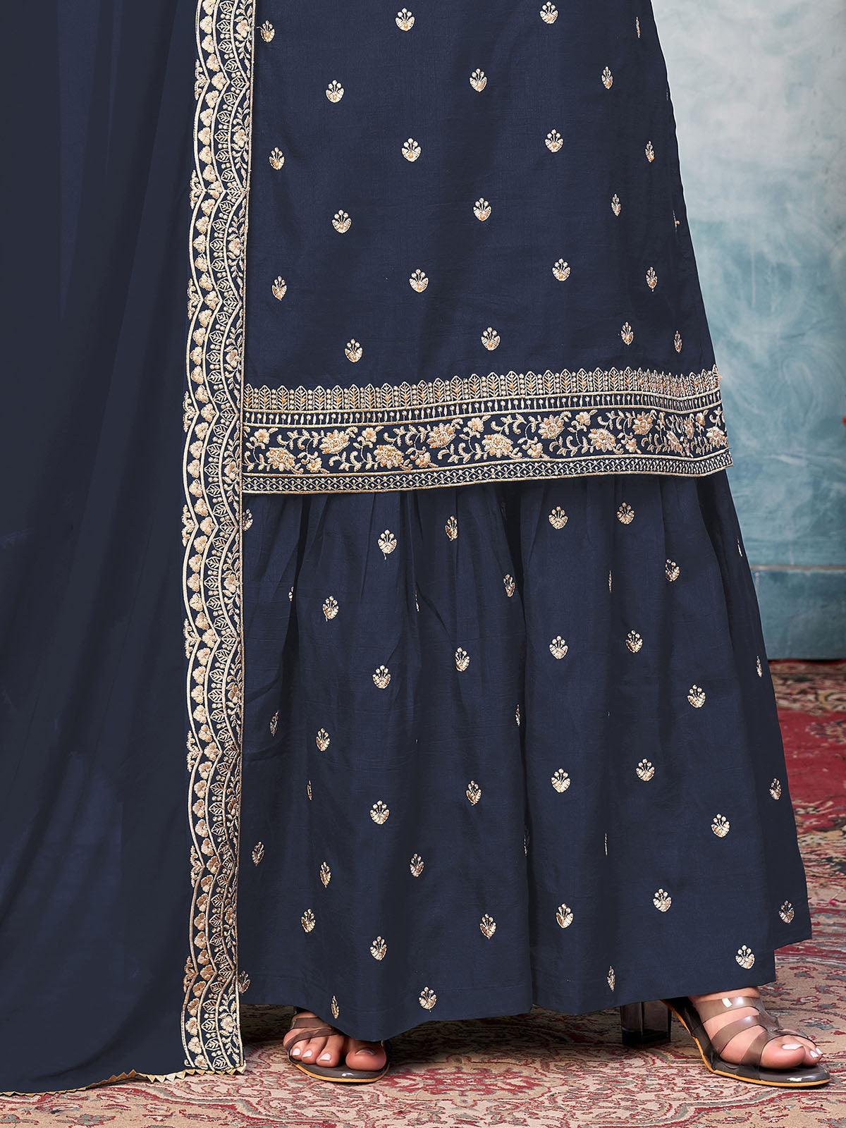 Blue Art Silk Heavy Embroidery Moti Kurta set - Odette