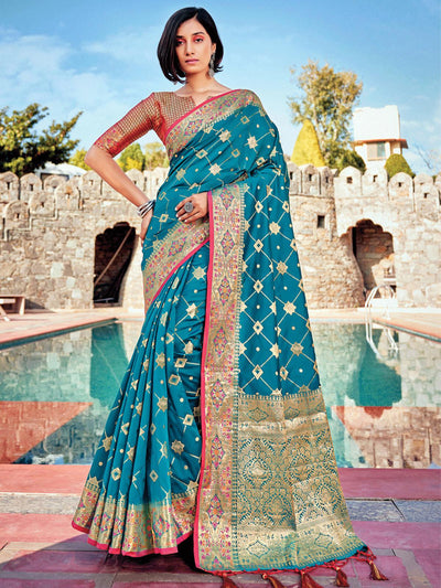 Blue Banarasi Silk Woven Design Saree With Blouse Piece - Odette