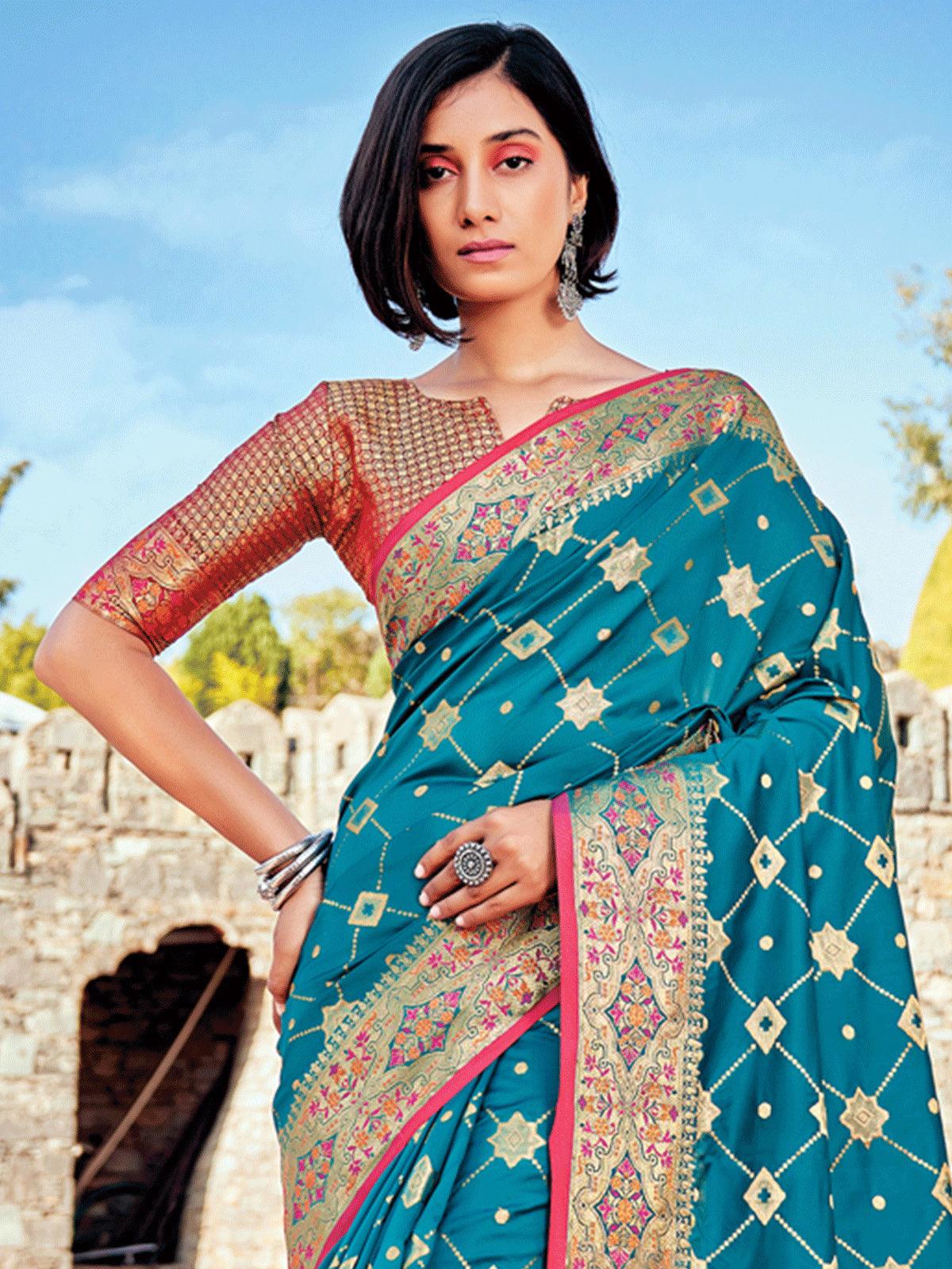 Blue Banarasi Silk Woven Design Saree With Blouse Piece - Odette