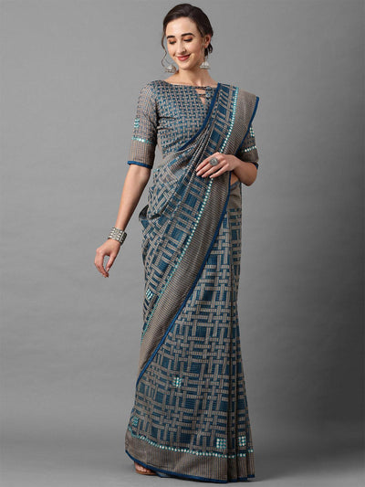 Blue Casual Brasso Geomatric Print Saree With Unstitched Blouse - Odette