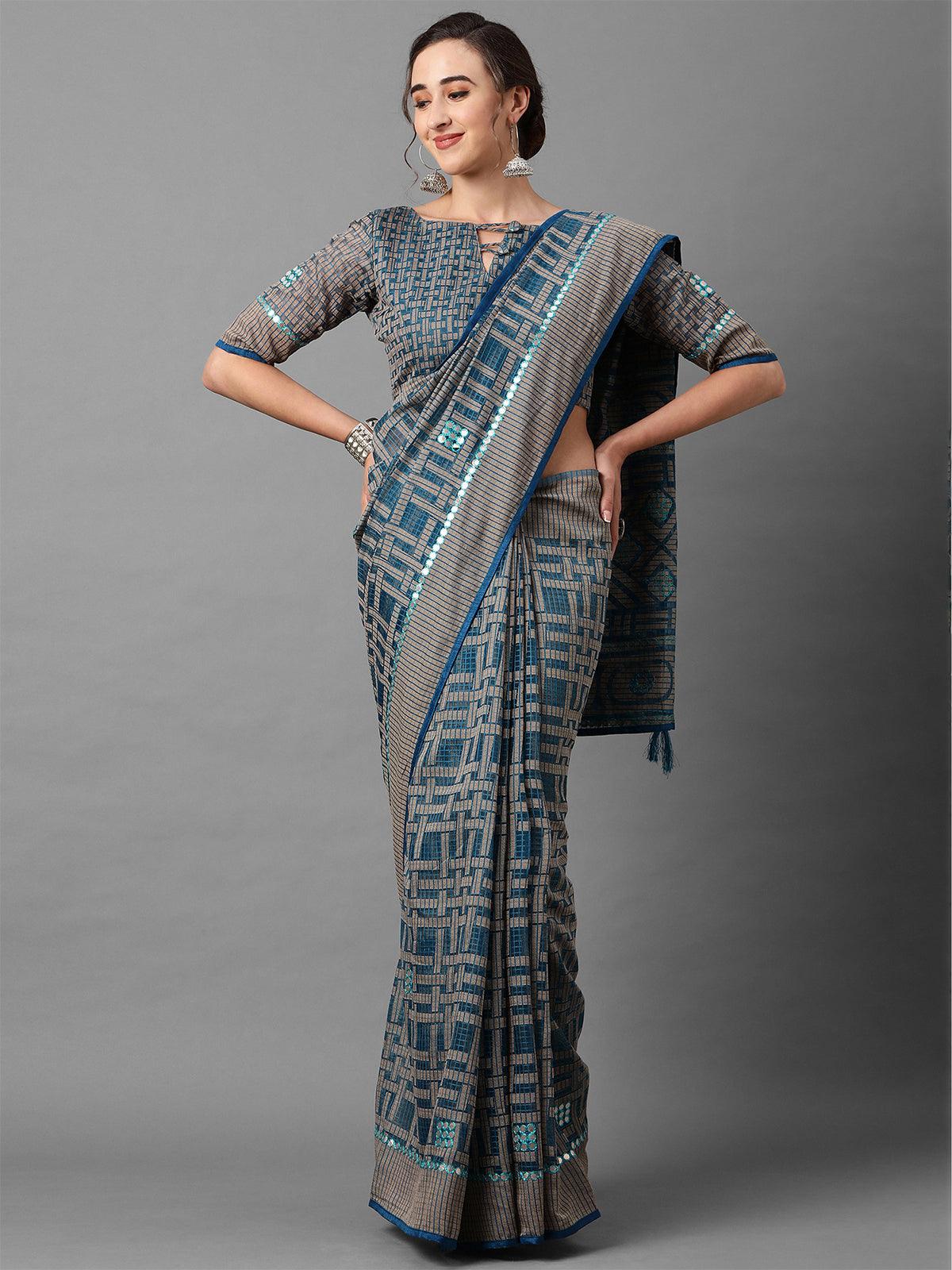 Blue Casual Brasso Geomatric Print Saree With Unstitched Blouse - Odette