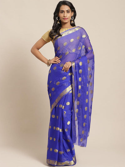 Blue Casual Chiffon Solid Saree With Unstitched Blouse - Odette