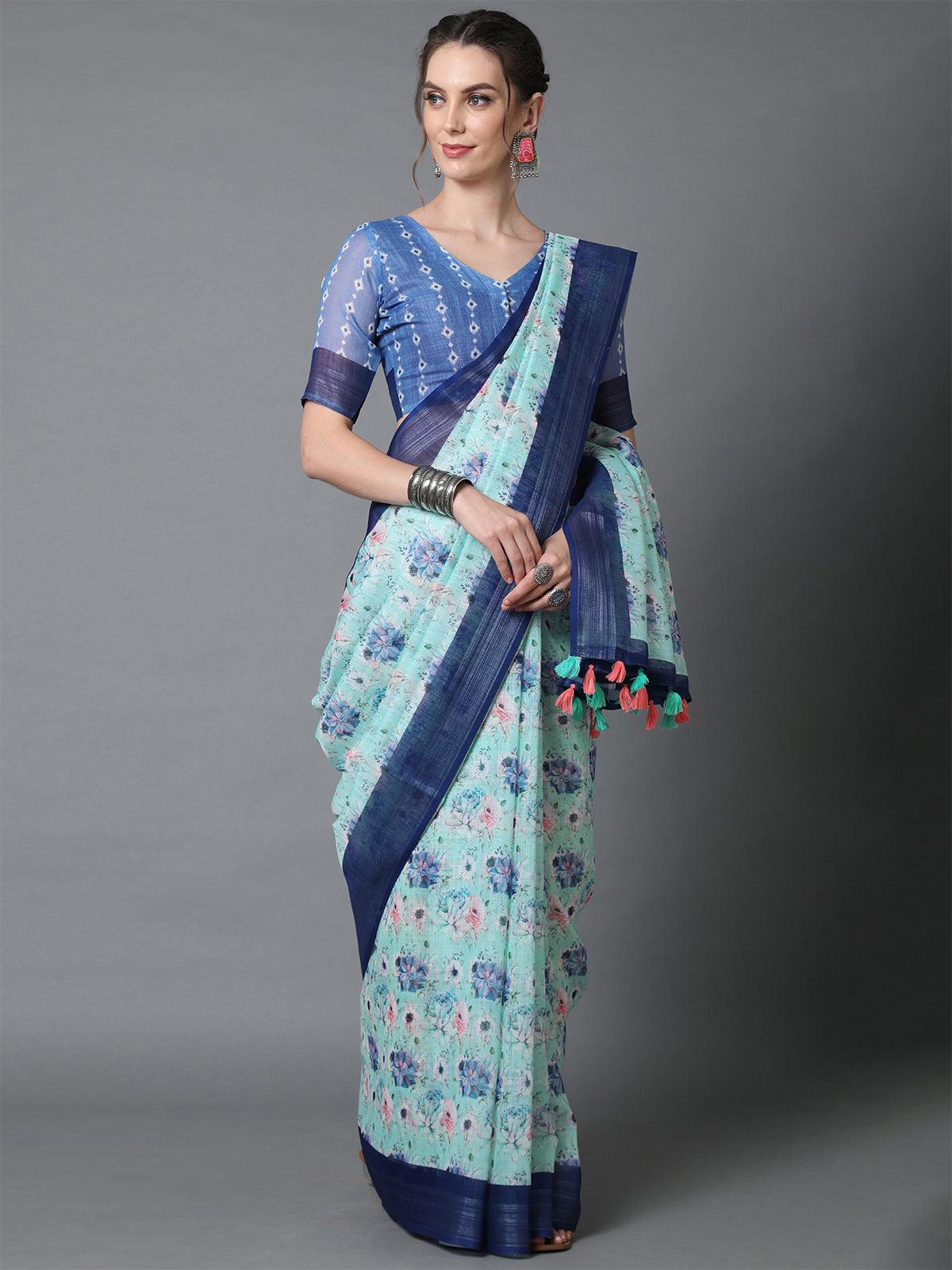 Blue Casual Linen Printed Saree With Unstitched Blouse - Odette