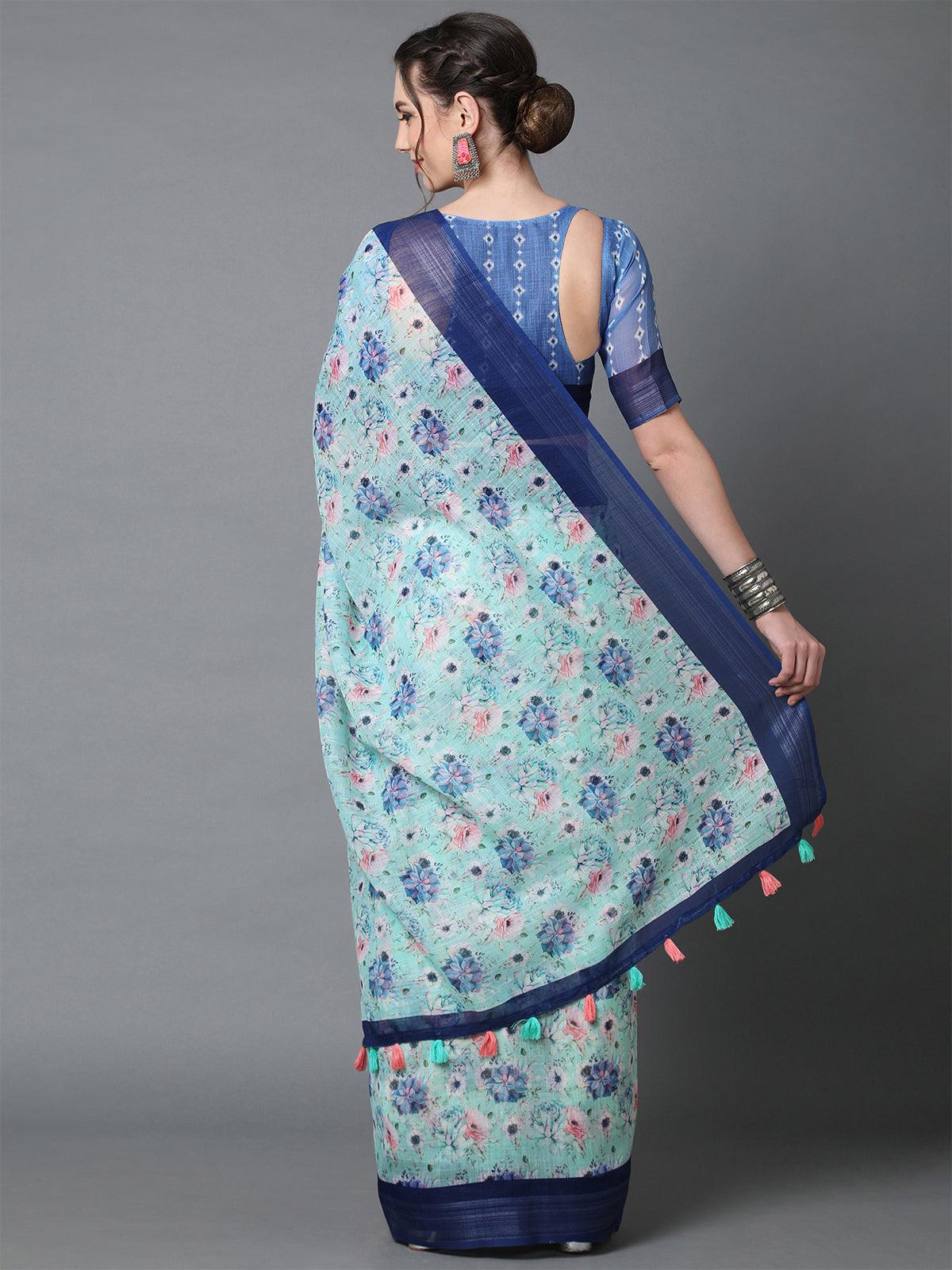 Blue Casual Linen Printed Saree With Unstitched Blouse - Odette