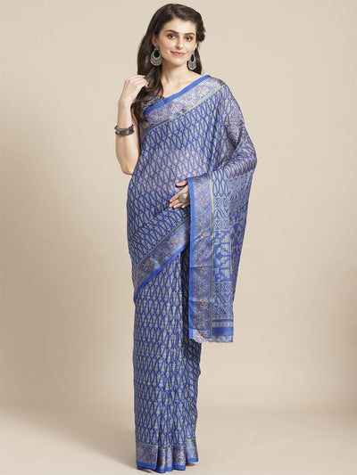 Blue Casual Silk Blend Printed Saree With Unstitched Blouse - Odette