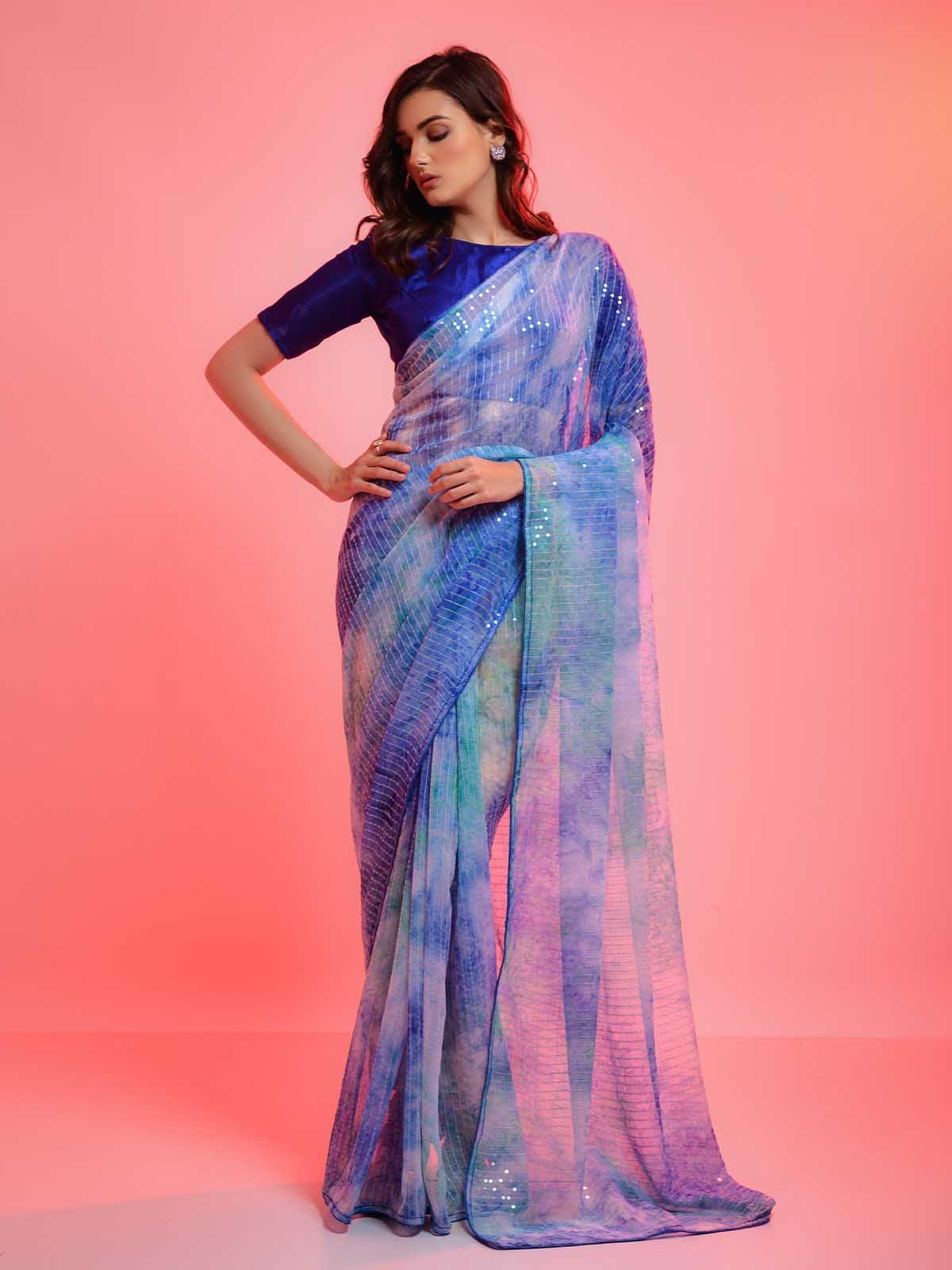 Blue Chiffon With Sequence Work Sequence Saree - Odette