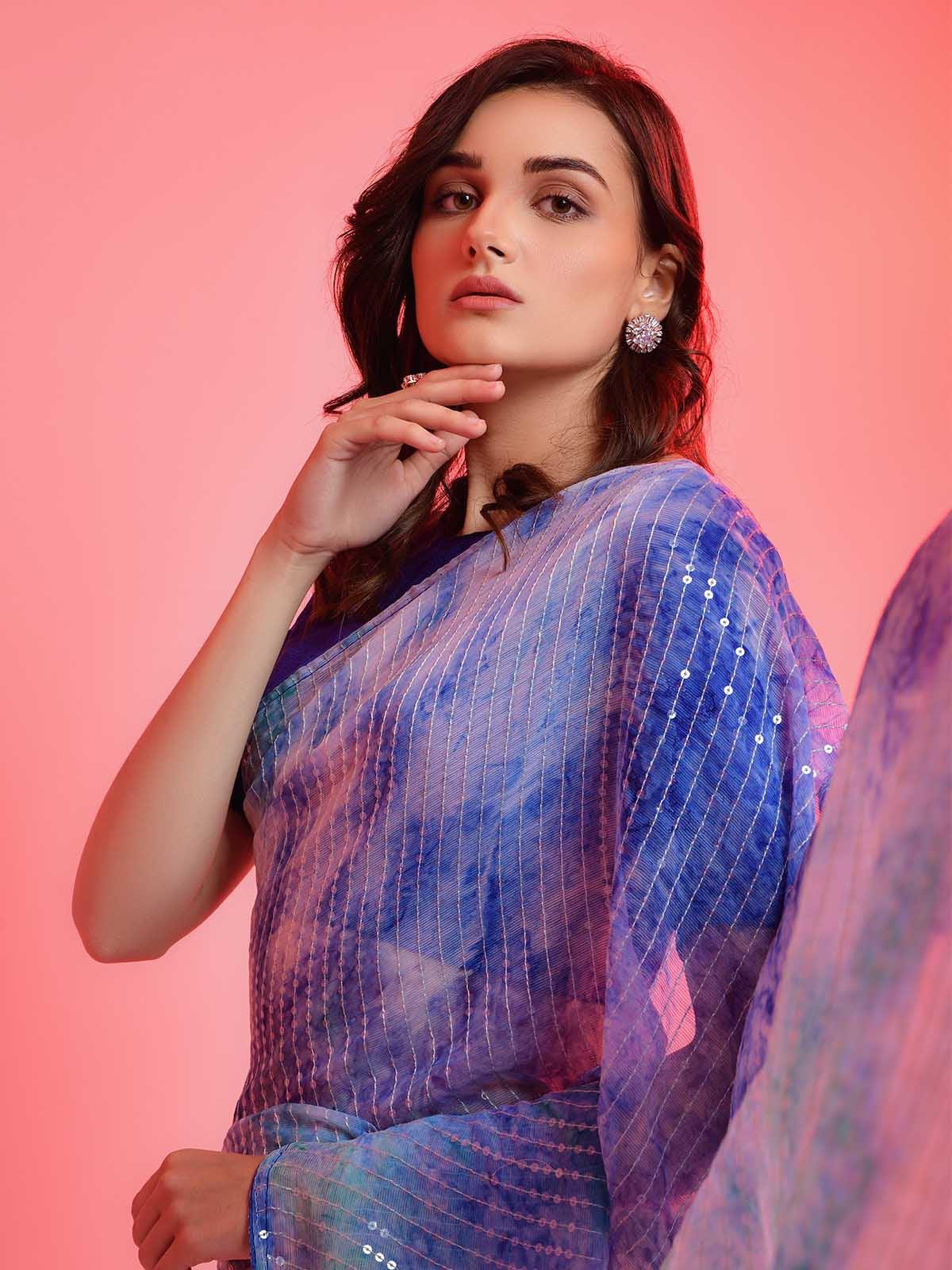 Blue Chiffon With Sequence Work Sequence Saree - Odette
