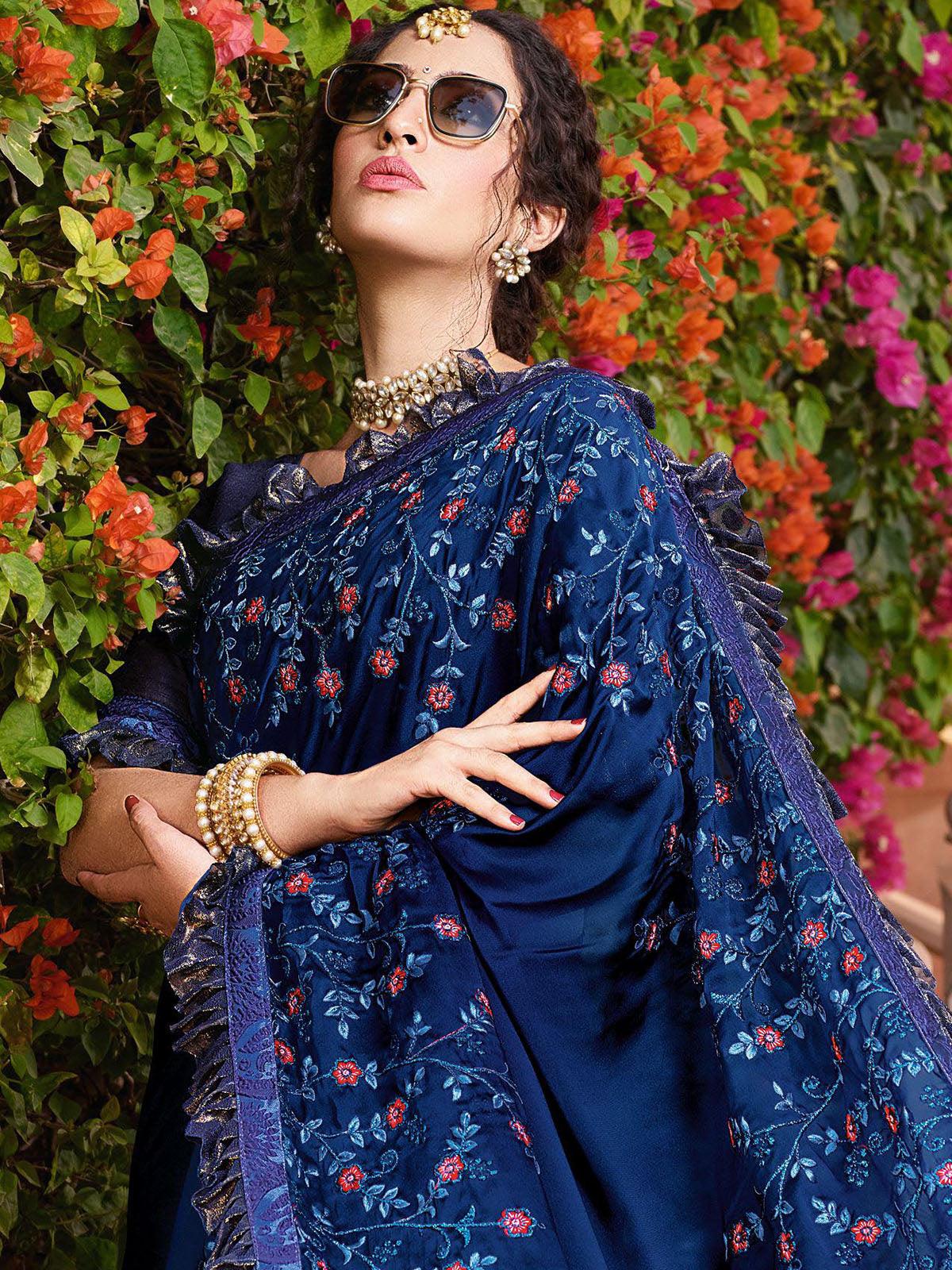 Blue Designer Art Silk Heavy Embroidered Saree - Odette