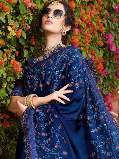 Blue Designer Art Silk Heavy Embroidered Saree - Odette