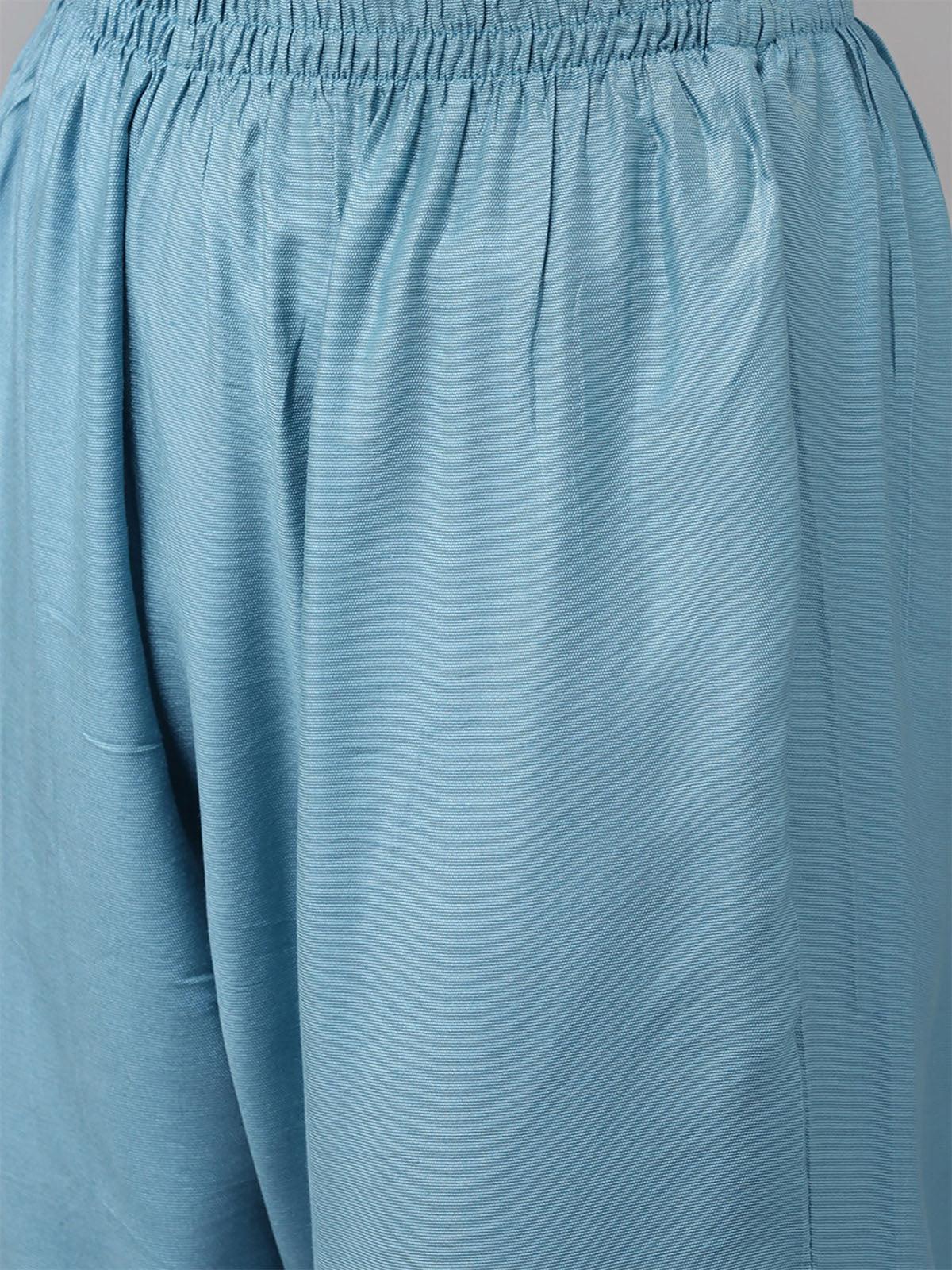 Blue Embroidered Straight Kurta Trouser With Dupatta Set - Odette