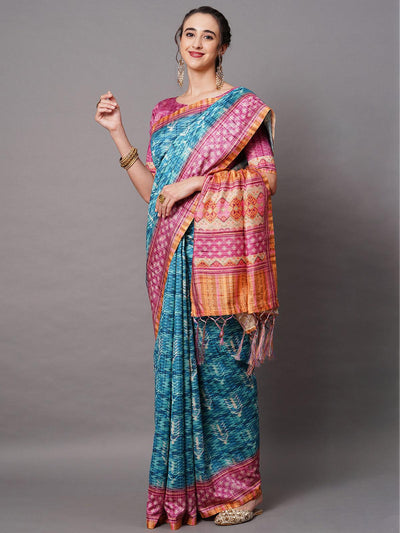 Blue Festive Bhagalpuri Silk Printed Saree With Unstitched Blouse - Odette