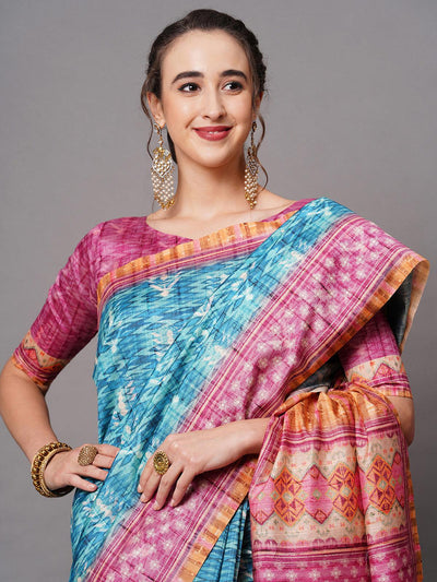 Blue Festive Bhagalpuri Silk Printed Saree With Unstitched Blouse - Odette