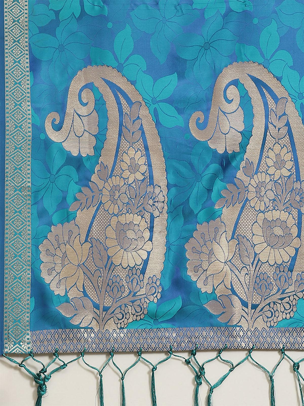 Blue Festive Pure Satin Woven Saree With Unstitched Blouse - Odette