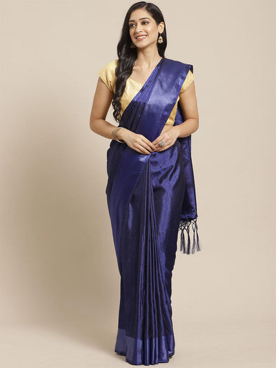 Blue Festive Satin Solid Saree With Unstitched Blouse - Odette