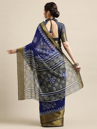 Blue Festive Semi Linen Printed Saree With Unstitched Blouse - Odette