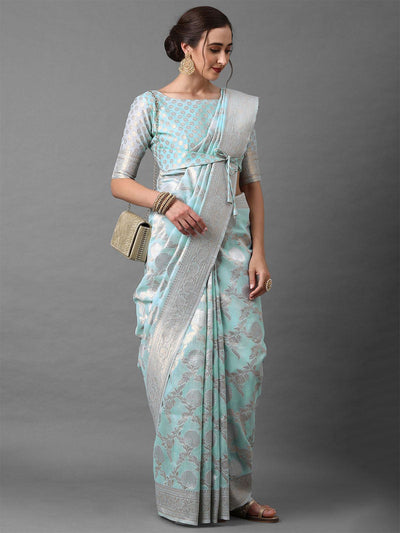 Blue Festive Silk Blend Banarsi Saree With Unstitched Blouse - Odette