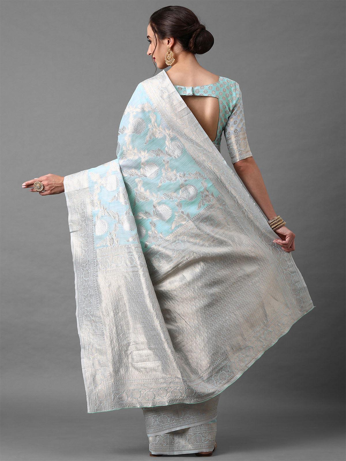 Blue Festive Silk Blend Banarsi Saree With Unstitched Blouse - Odette