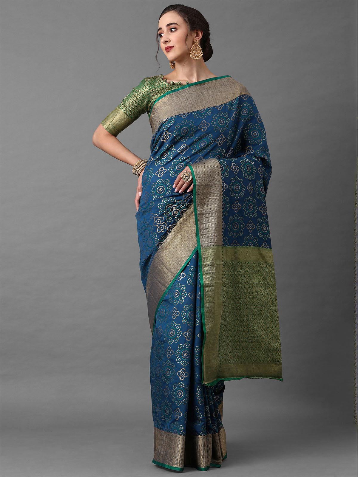 Blue Festive Silk Blend Geometric Saree With Unstitched Blouse - Odette