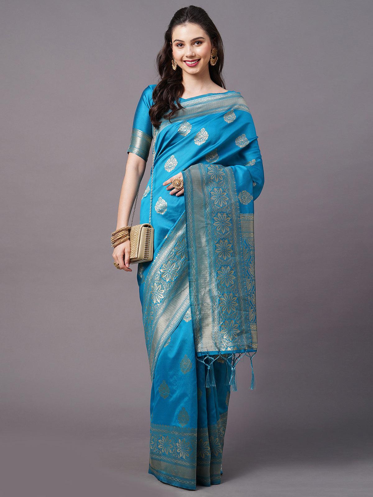 Blue Festive Silk Blend Woven Design Saree With Unstitched Blouse - Odette
