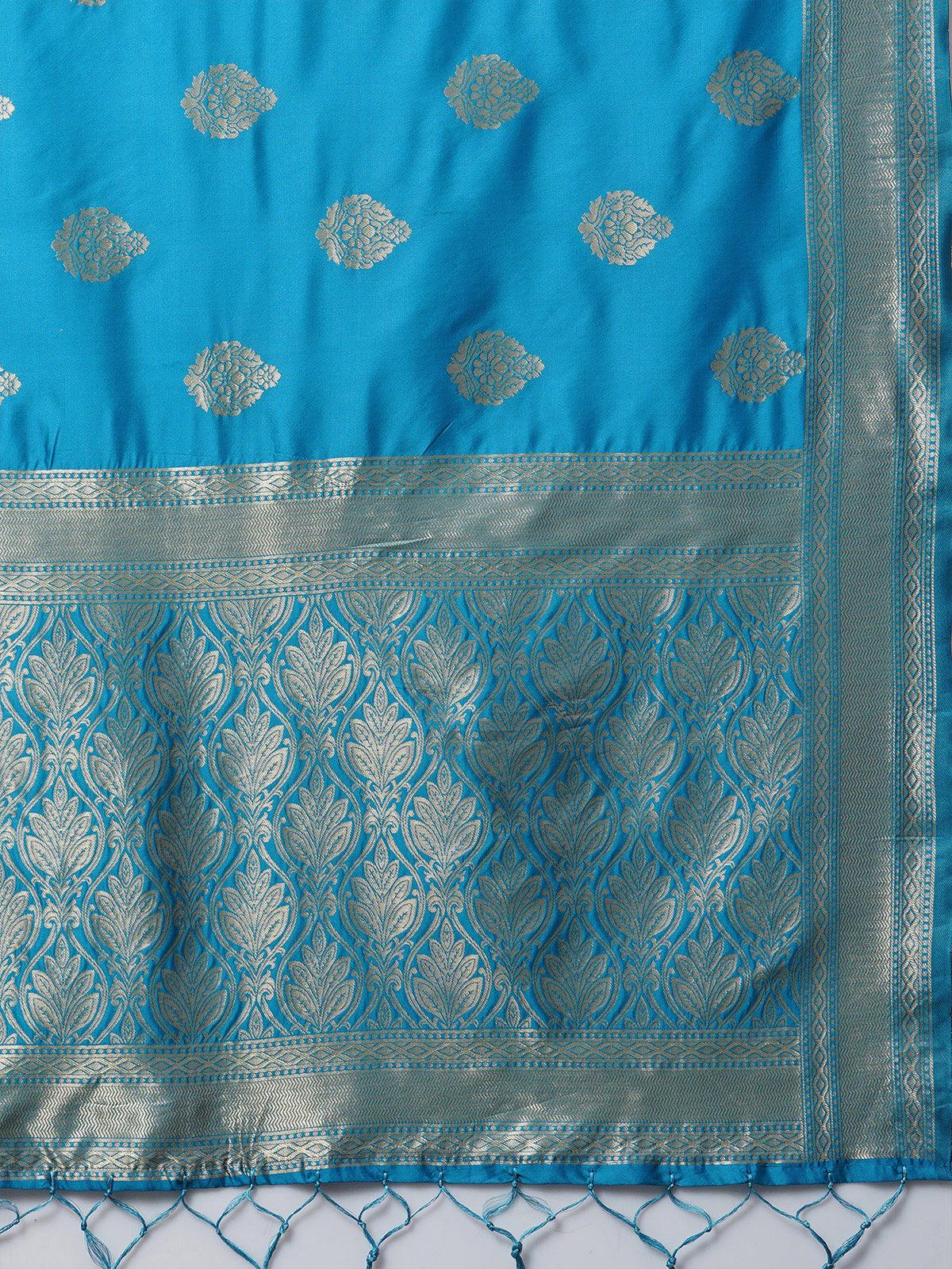 Blue Festive Silk Blend Woven Design Saree With Unstitched Blouse - Odette