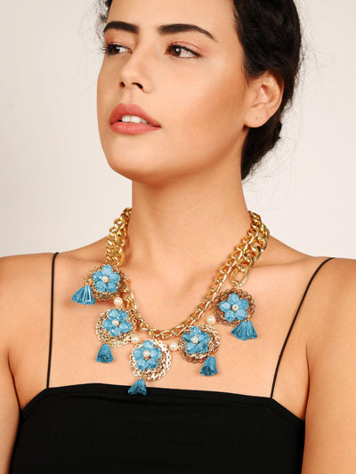 Blue Floral Statement Necklace - Odette