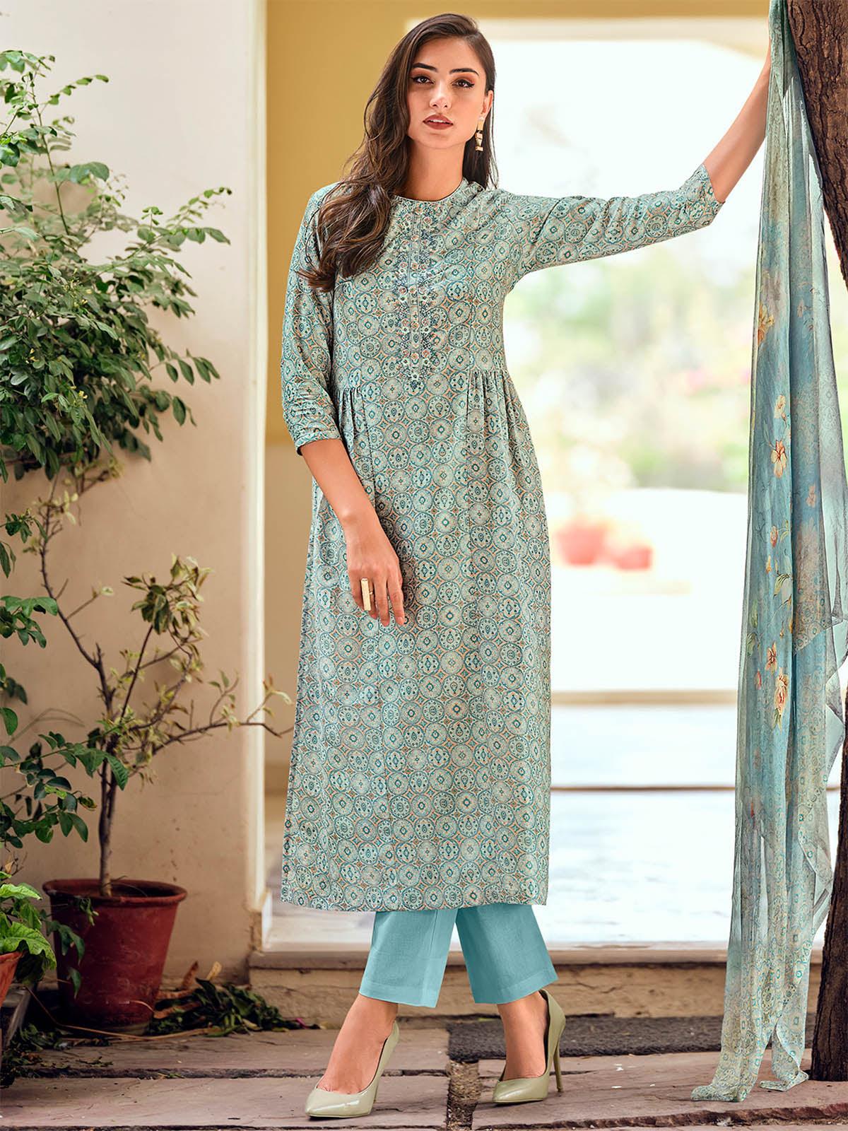 Blue Muslin Embroidered Dress Material For Women - Odette