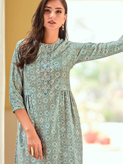 Blue Muslin Embroidered Dress Material For Women - Odette