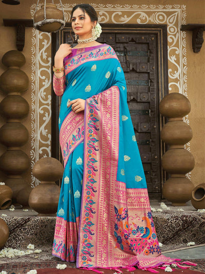 Blue Paithani Silk Woven Design Saree With Blouse Piece - Odette
